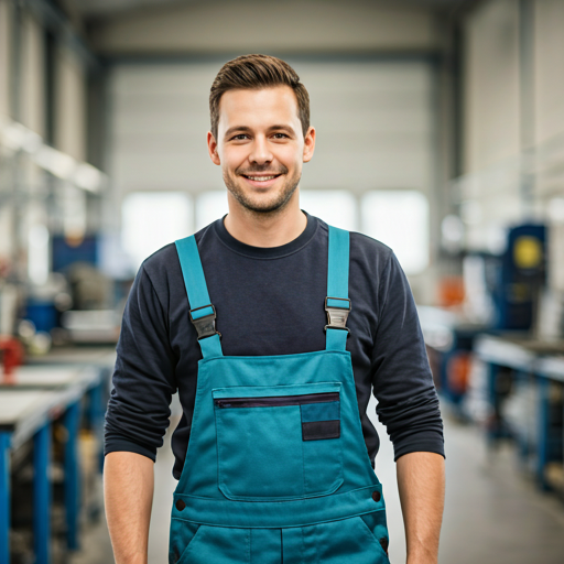 Authentic professional portrait of a friendly male service technician in modern work clothes, smiling at the camera in a technical environment, hands relaxed at his sides.