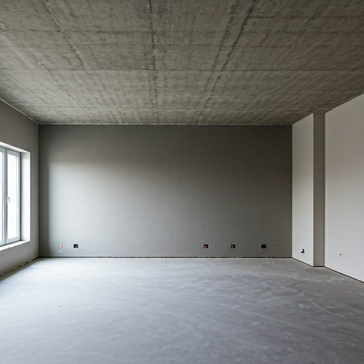 Professional interior construction site, wide angle view of a large room with freshly installed and plastered grey drywall panels, smooth finish, clean architectural lines, natural lighting coming from window openings, no people, no hands, high quality architectural photography, realistic textures of gypsum and plaster, technical precision, aesthetic composition.